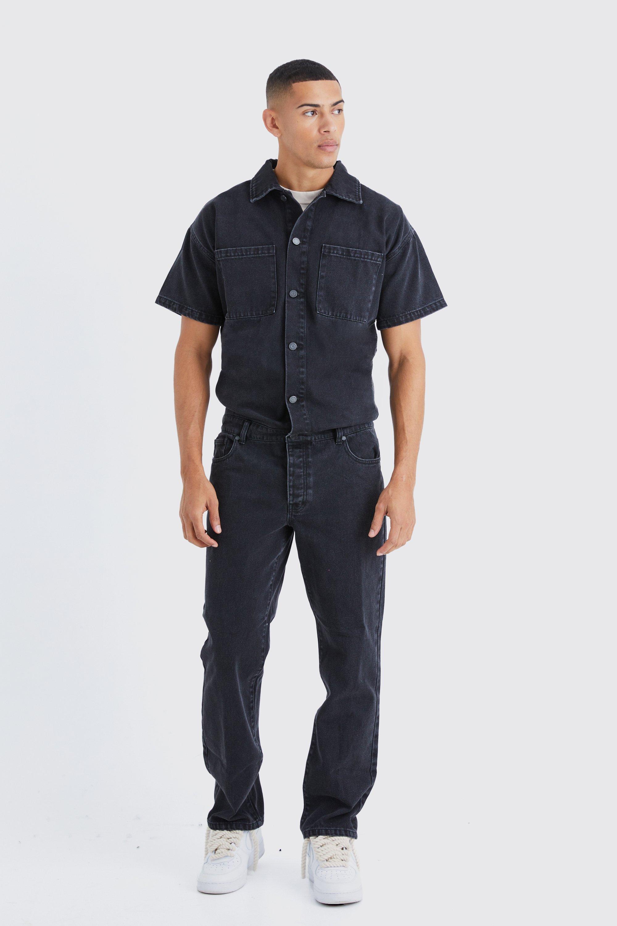 Mens Black Relaxed Fit Denim Jumpsuit, Black